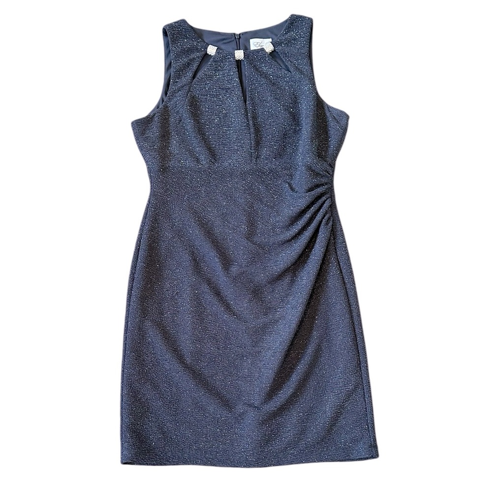 ELIZA J midnight blue silver glitter cocktail dress w/ jewel accent neckline 14